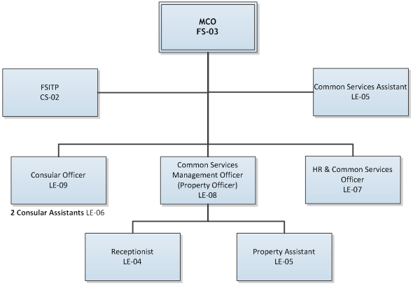 The organizational chart shows the structure of the Management and Consular Services Program at the Mission in Madrid and the reporting relationships.