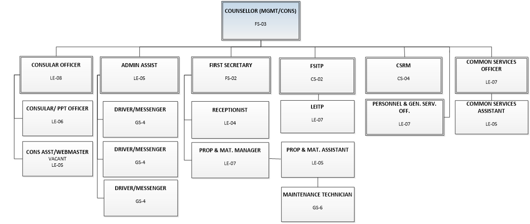 Organizational chart for the management and consular services program