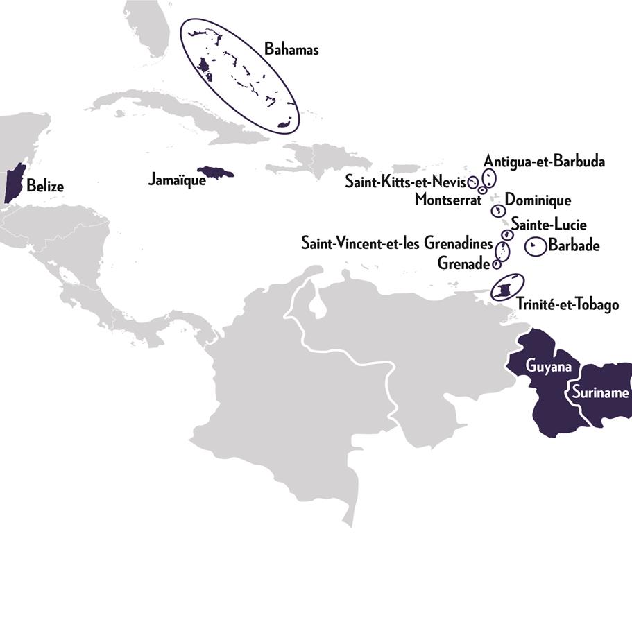 Carte montrant les &icirc;les du Programme de d&eacute;veloppement r&eacute;gional des Cara&iuml;bes (Antigua-et-Barbuda, Bahamas, Barbade, Dominique, Grenade, Jama&iuml;que, Montserrat, Sainte-Lucie, Saint-Kitts-et-Nevis, Saint-Vincent-et-les Grenadines et Trinit&eacute;-et-Tobago) &Eacute;tats continentaux (Belize, Guyana et Suriname)