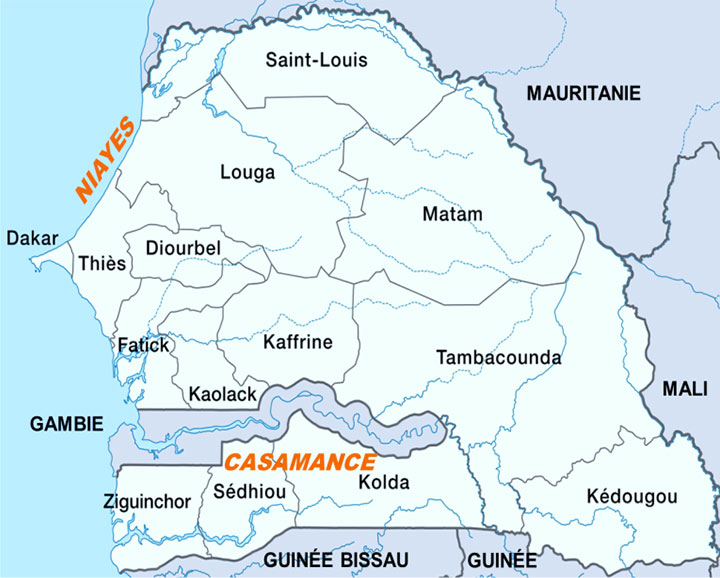 Map of Senegal showing regions and geographic areas referred to as Niayes and Casamance