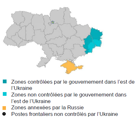 Carte de l’Ukraine montrant les zones contrôlées par le gouvernement dans l’est de l’Ukraine