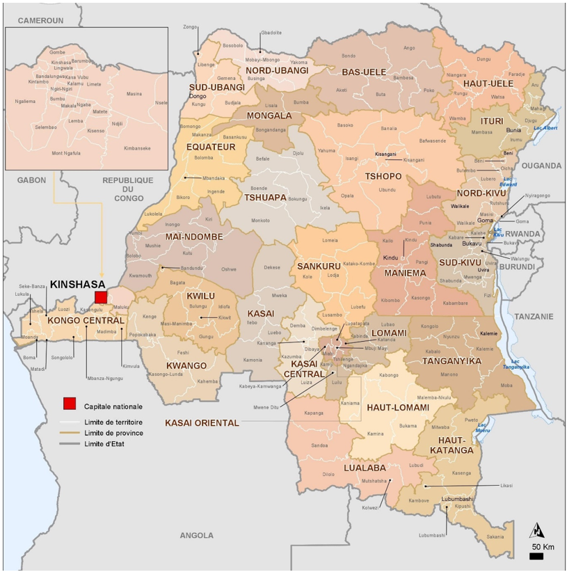 Figure 11: Map of the Democratic Republic of Congo outlining the national, territorial and provincial borders, with an additional outline of the national capital.