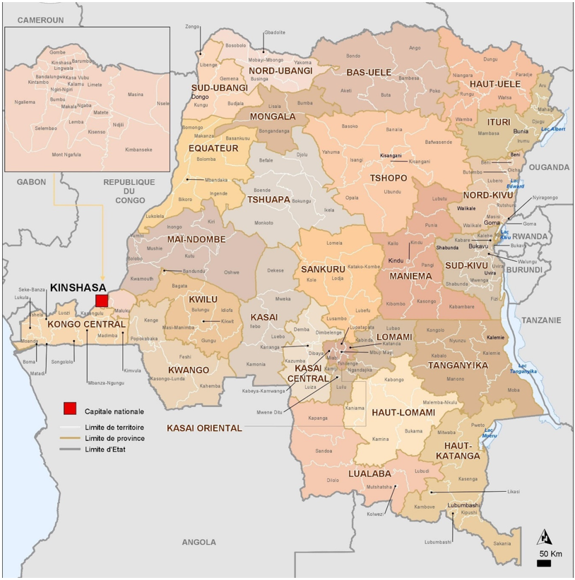 Figure 11 : Carte de la République démocratique du Congo indiquant les frontières nationales, territoriales et provinciales, avec un aperçu supplémentaire de la capitale nationale.