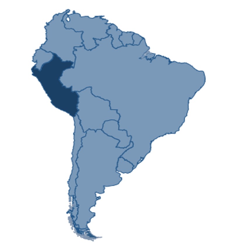 Map of South America in light blue with the location of Peru in dark blue