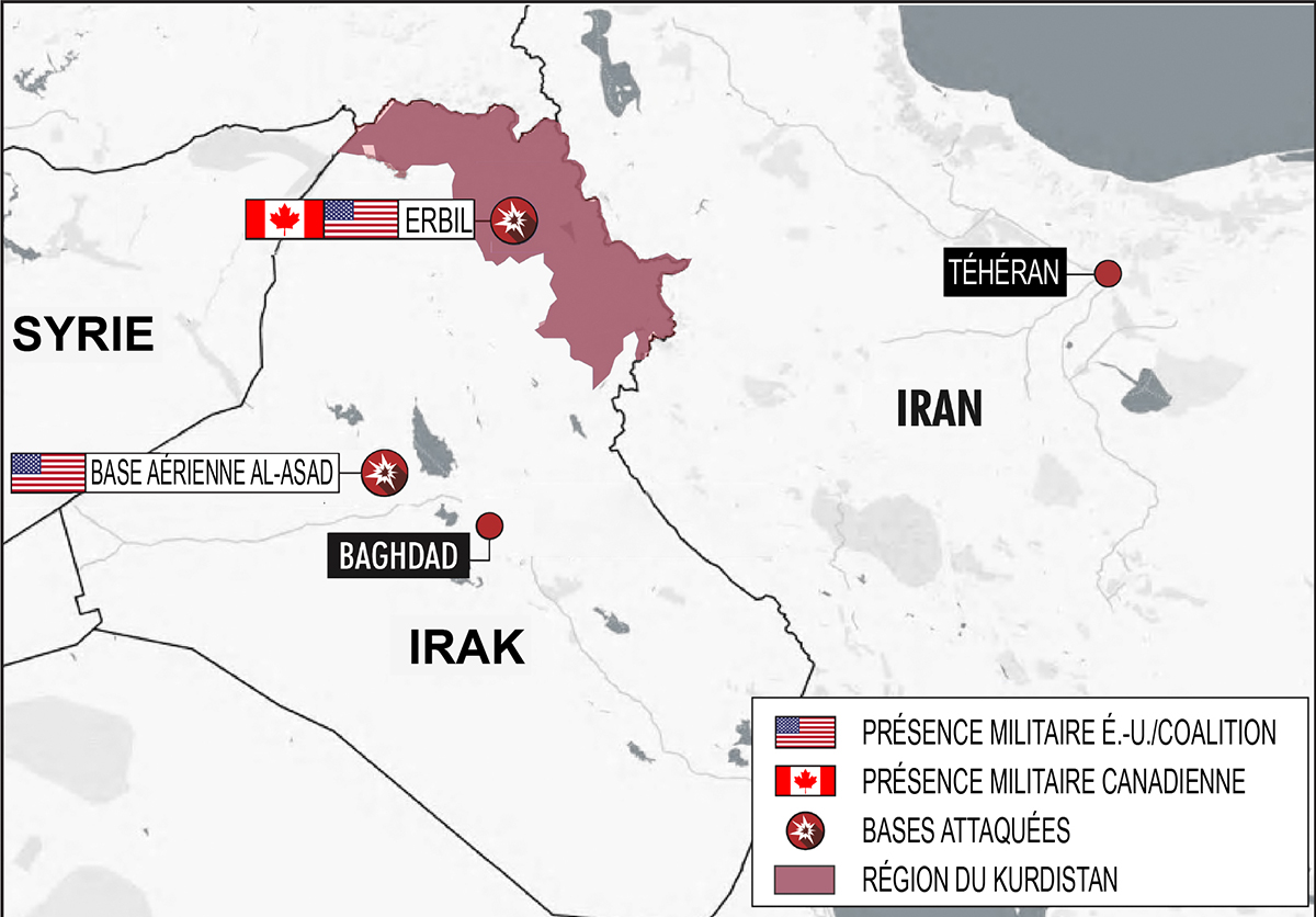 Emplacement des bases aériennes irakiennes d’Al-Assad et d’Erbil frappées par des missiles iraniens le 8 janvier 2020.