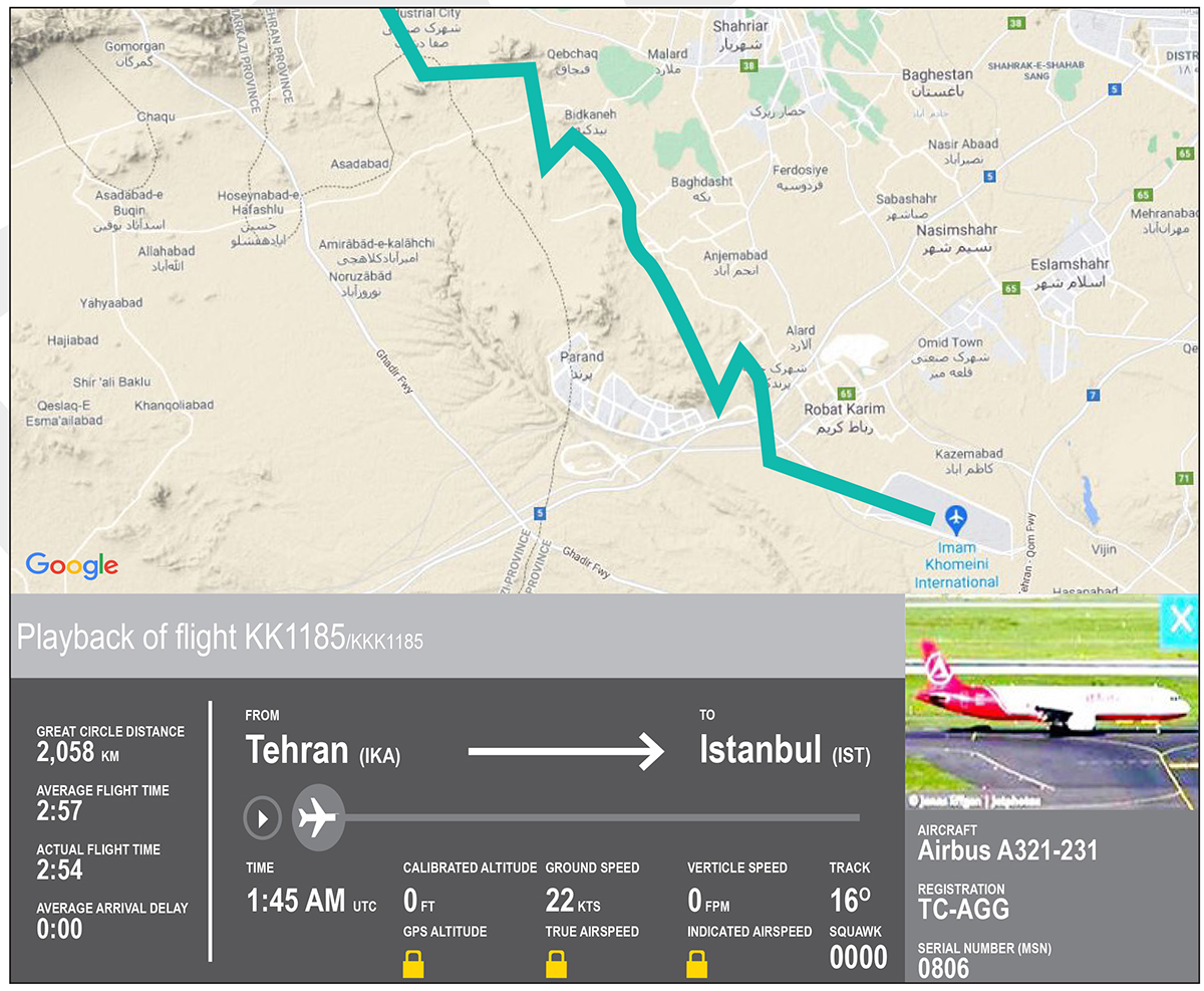 Screen capture from FlightRadar24 demonstrating a highly unusual flight path for KK1185.
