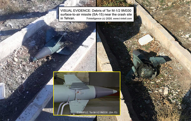 Comparison between missile debris found in a residential area near Parand and known design of the SA-15 missile. The undestroyed green and black nose of the missile lays in a ditch filled with dead grass and rocks. The bottom part of the missile nose appears burnt. A visual of a complete missile is shown with the same coloration and design in comparison with the debris.