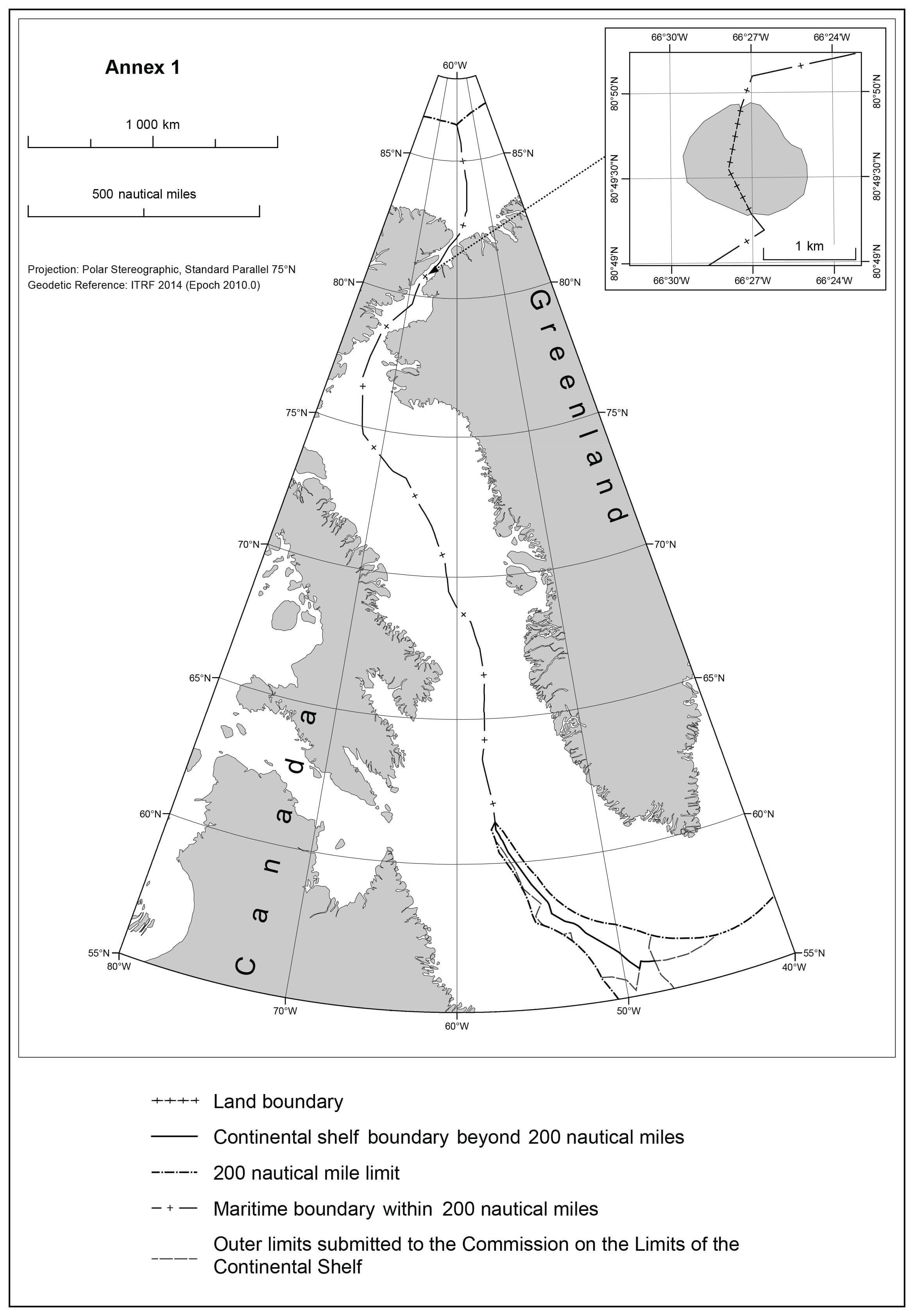 Map showing land boundary for Tartupaluk/Hans Island and maritime boundary within 200 nautical miles, including the Lincoln Sea.