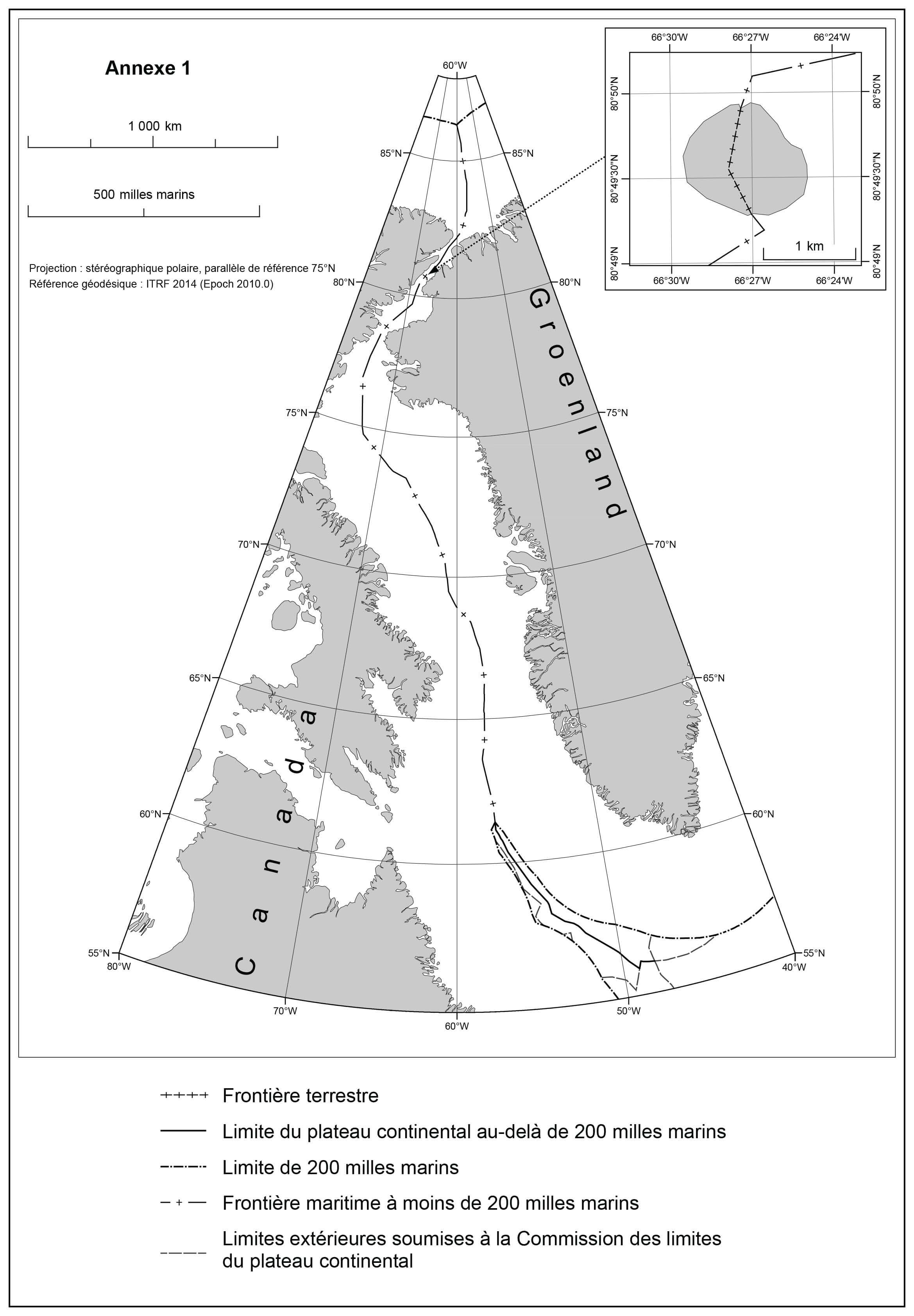 Carte montrant la frontière terrestre de l’île Tartupaluk (Hans) et la frontière maritime dans les 200 milles marins, y compris la mer de Lincoln.