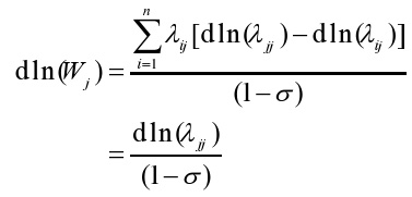 Total derivative of natural logarithm of upper case w subscript lower case j equals to the summation on lower case I equals to one to lower case n of lambda subscript lower case ij times the difference of total derivative of natural logarithm of lambda subscript lower case jj and total derivative of natural logarithm of lambda subscript lower case ij all divided by one minus sigma, and equals to total derivative of natural logarithm of lambda subscript lower case jj divided by one minus sigma.