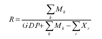 R majuscule est égal à la somme de k minuscule de M majuscule indice k minuscule divisée par le PIB  majuscule plus la somme de k minuscule de M majuscule indice k minuscule moins la somme de r minuscule de X majuscule indice r minuscule.