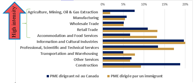 Distribution of Immigrant-led and Canadian-born led SMEs, ranked by High-Intensity Export Sector, in 2017