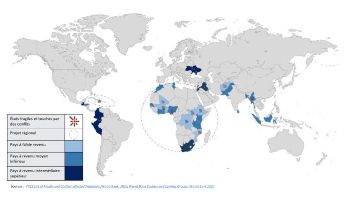 Figure 9 : Les pays partenaires du programme VLF sont diversifiés, incluant des États fragiles et touchés par des conflits, des pays à revenu intermédiaire et des pays ayant des niveaux variables d’égalité des genres et de liberté pour la société civile.