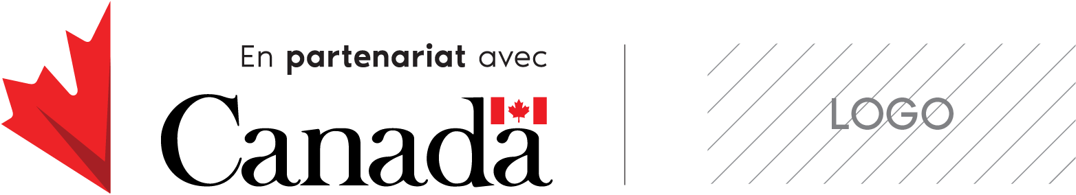 L’image comprend les éléments graphiques pour les partenaires à gauche du graphique : la moitié d’une feuille d’érable rouge, les mots « En partenariat avec » et le mot-symbole « Canada ». Au centre de ce graphique se trouve une ligne verticale, puis à sa droite un espace rectangulaire avec le mot « LOGO ».