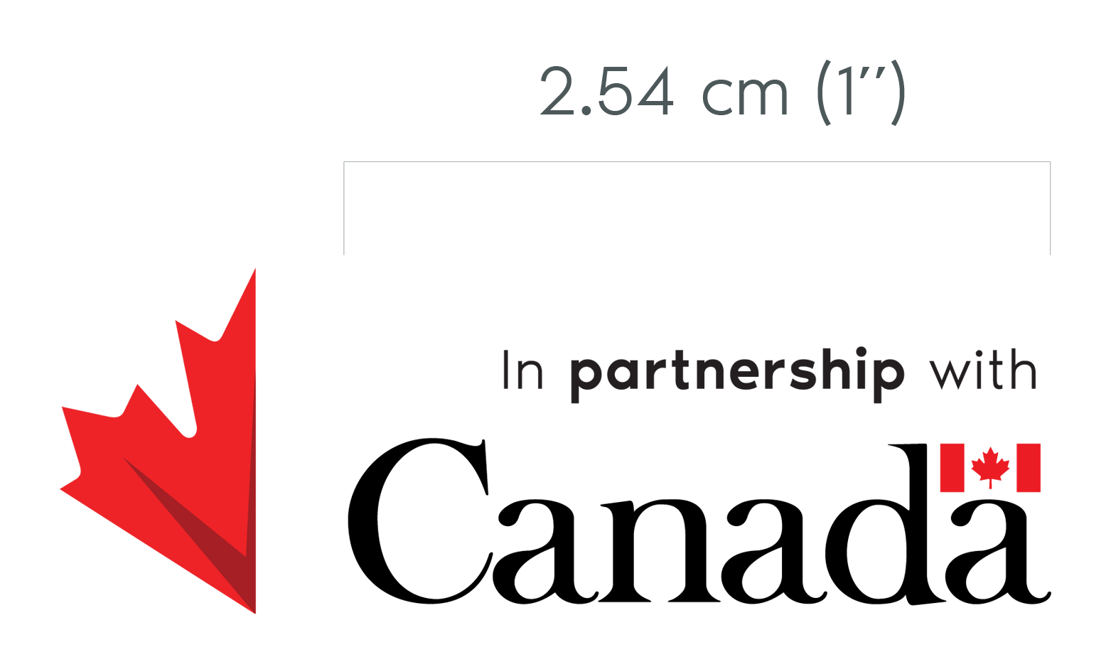 The graphic elements for partners are shown in the centre of the graphic: half of a red maple leaf, the words “In partnership with” and the Canada wordmark. There is a grey, horizontal bracket labelled 1” across the top of the graphic that matches the width of the Canada Wordmark.