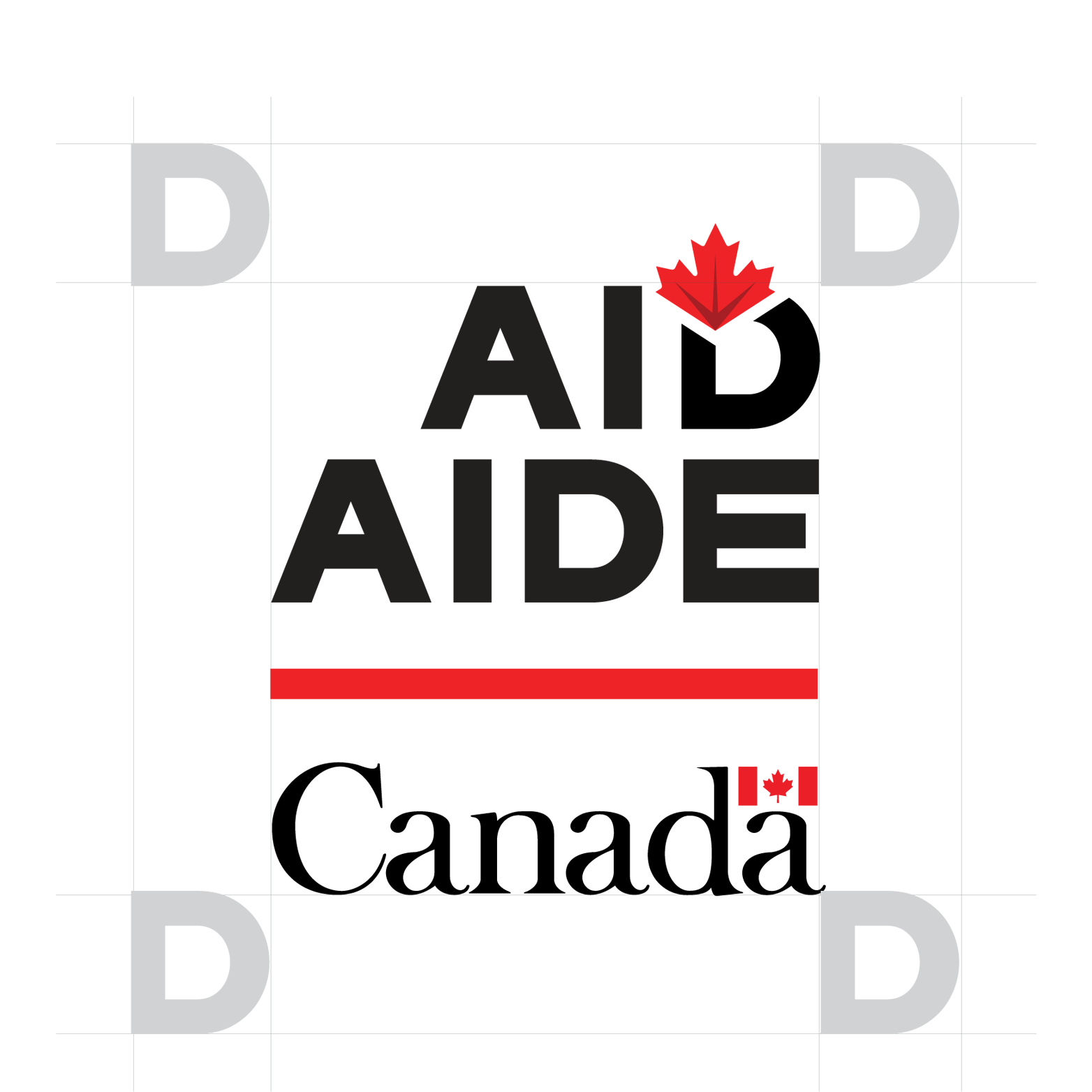 The graphic elements of the Canada Aid signature are shown in the centre of the graphic: the word “Aid” in all-caps with a maple leaf affixed to the top of the “D”, the French equivalent “Aide” underneath, a red horizontal line, and the Canada Wordmark. The graphic is framed by grey lines, and the “D” of the word Aid is reproduced on each side of the graphic, to demonstrate that the clear space around the graphic should be equivalent to that height and width.