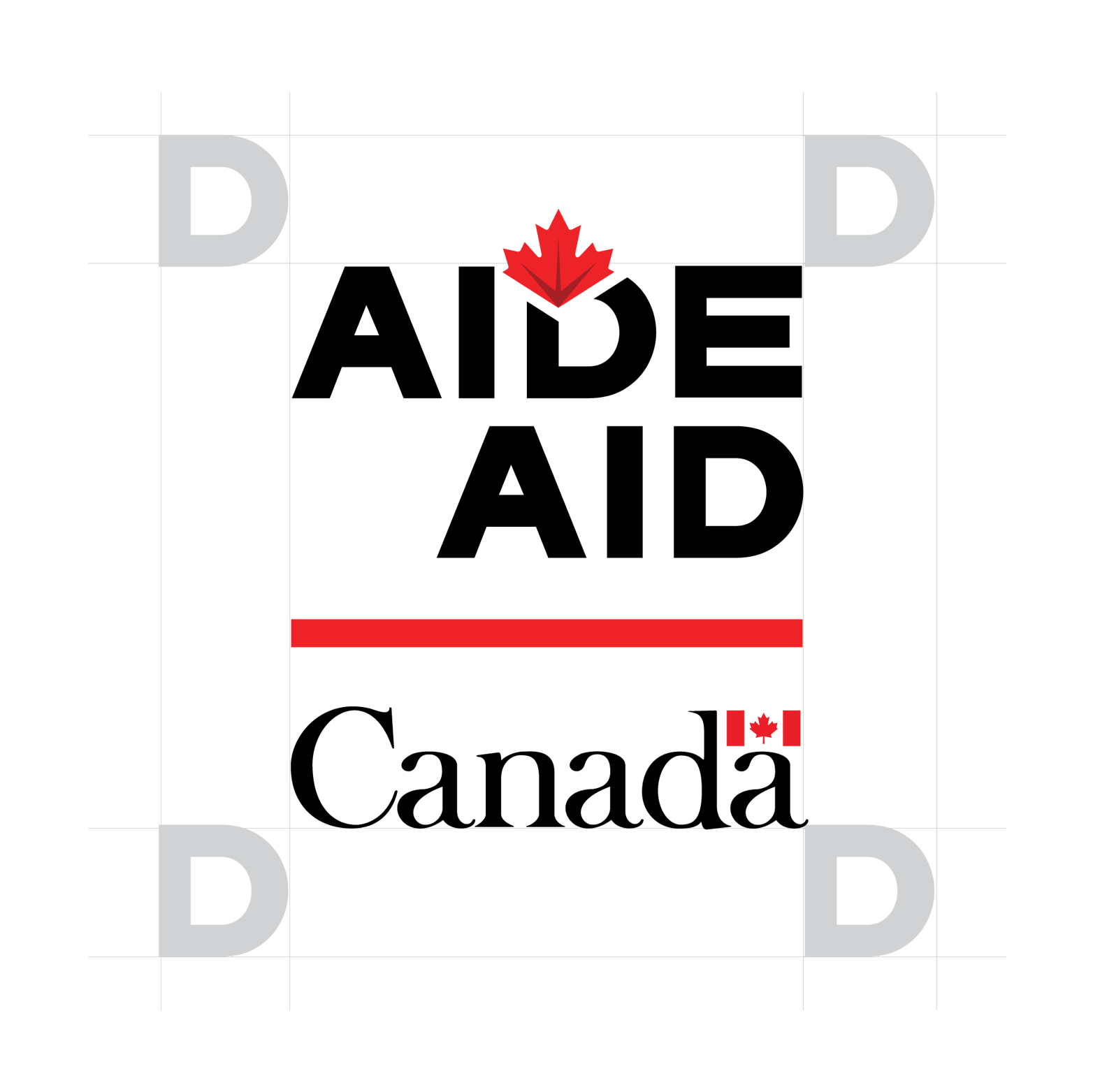 Les éléments graphiques de la signature Canada Aide sont représentés au centre du graphique : le mot « Aide » en majuscules avec une feuille d’érable apposée au haut du « D », l’équivalent anglais « Aid » en dessous, également en majuscules, une ligne horizontale rouge et le motsymbole « Canada ». Le graphique est encadré par des lignes grises, et le « D » du mot « Aide » est reproduit de chaque côté du graphique, afin de démontrer que l’espace libre autour de ce dernier doit être équivalent à la hauteur et à la largeur de la lettre.