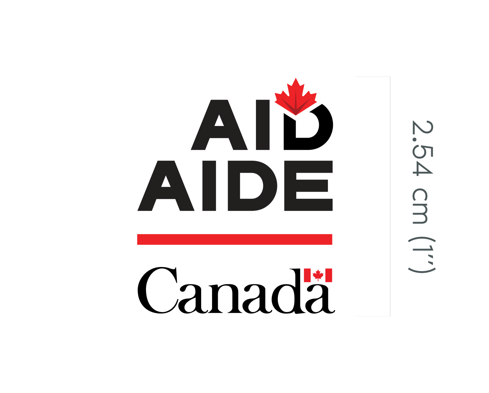 The graphic elements of the Canada Aid signature are shown to the left of the graphic: the word “AID” in all-caps with a maple leaf affixed to the top of the “D”, the French equivalent “AIDE” underneath, a red horizontal line, and the Canada Wordmark. To the right is a vertical bracket labelled 1” that’s aligned with the total height of the signature.