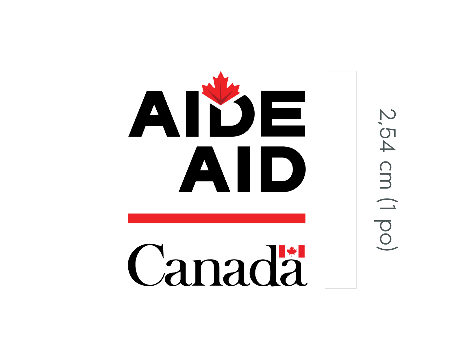 Les éléments graphiques de la signature Canada Aide sont présentés à la gauche du graphique : le mot « Aide » en majuscules avec une feuille d’érable apposée au haut du « D », l’équivalent anglais « Aid » en dessous, également en majuscules, une ligne horizontale rouge et le motsymbole « Canada ». À la droite du graphique, un crochet vertical, à droite duquel est inscrit « 1” », est aligné sur la hauteur totale de la signature.