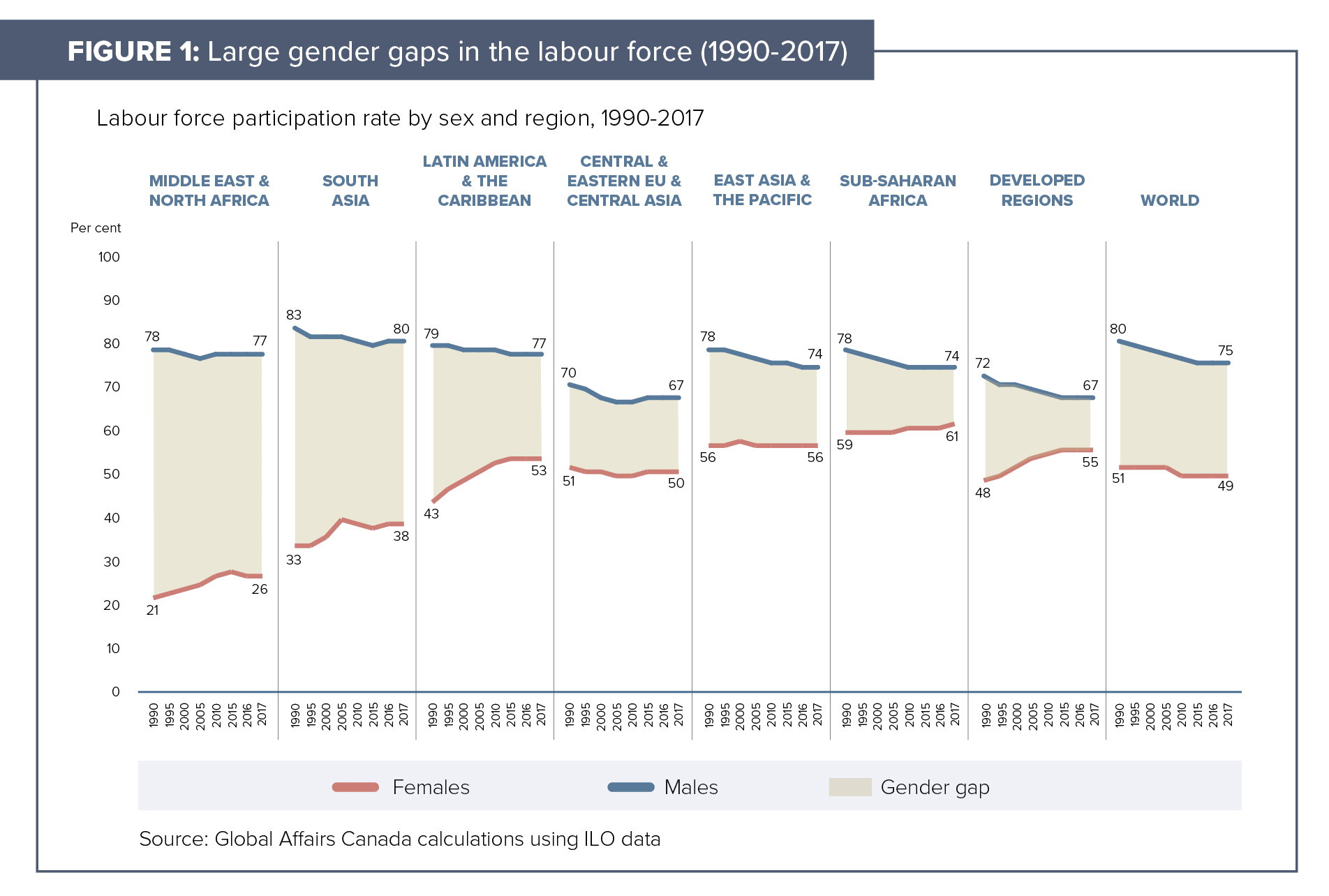 Figure 1: Large gender gaps in the labour force (1990-2017)