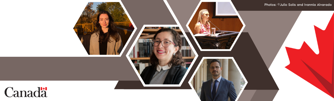De gauche à droite, images de : Mauricio Ondoy Villalobos, Sofia Guerrero, Lana Belber et la députée Kattia Cambronero Aguiluz. Le texte se lit comme suit : Une nouvelle loi au Costa Rica s'appuie sur l'expertise canadienne pour s'attaquer au problème du harcèlement criminel