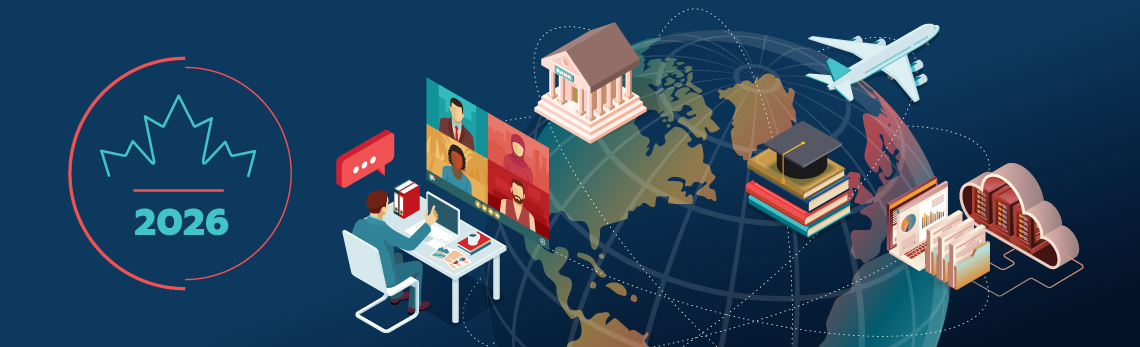 Banner graphic for State of Trade 2026. An outline of a maple leaf with the year “2026” appears beside an illustration of a globe surrounded by symbols representing services trade, including an airplane, a government building, online meetings, education, and digital and financial services.